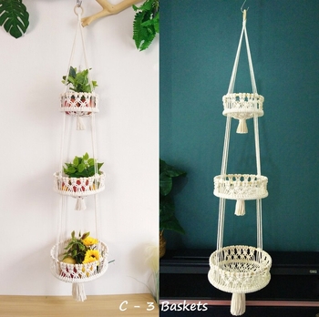 Ručni pleteni koš od pamuka s bambusnim prstenom — viseća košarica za voće i povrće, boemski stil dekoracije