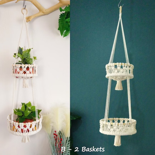 Ručni pleteni koš od pamuka s bambusnim prstenom — viseća košarica za voće i povrće, boemski stil dekoracije
