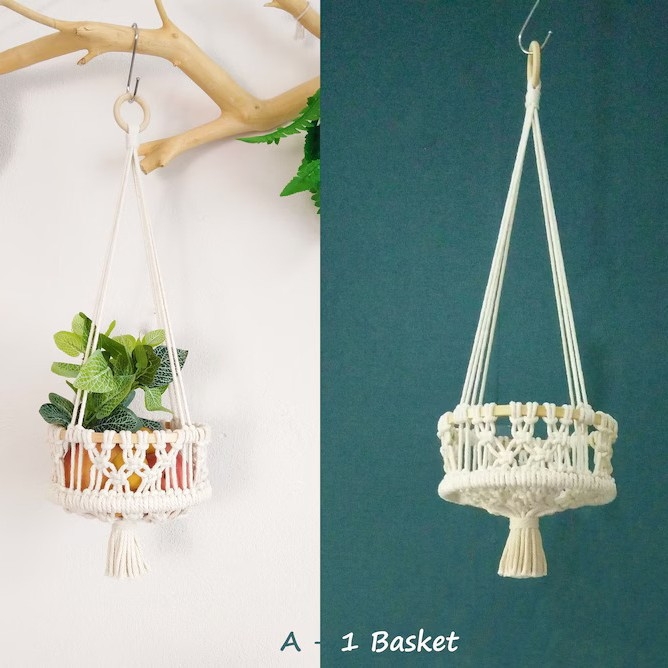 Ručni pleteni koš od pamuka s bambusnim prstenom — viseća košarica za voće i povrće, boemski stil dekoracije