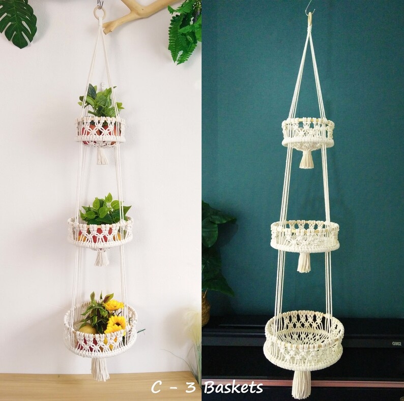 Ručni pleteni koš od pamuka s bambusnim prstenom — viseća košarica za voće i povrće, boemski stil dekoracije