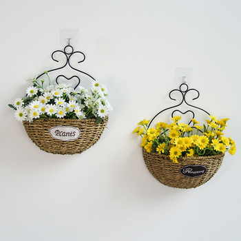 Kvetináč zo slamy na stenu, ručne tkaný, pastorálny štýl, visací košík