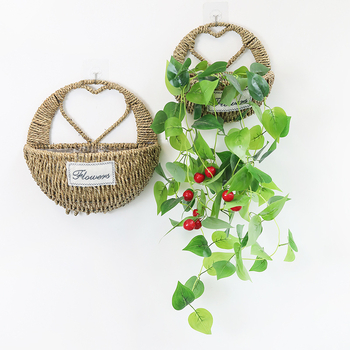 Kvetináč zo slamy na stenu, ručne tkaný, pastorálny štýl, visací košík