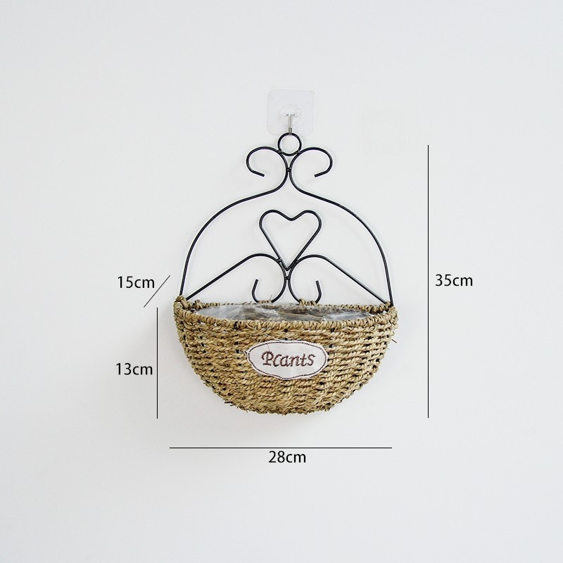 Kvetináč zo slamy na stenu, ručne tkaný, pastorálny štýl, visací košík