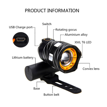 Prednja LED svjetiljka za bicikl T6, podesivi fokus, aluminijska legura, USB punjenje, dugi domet za vožnju biciklom