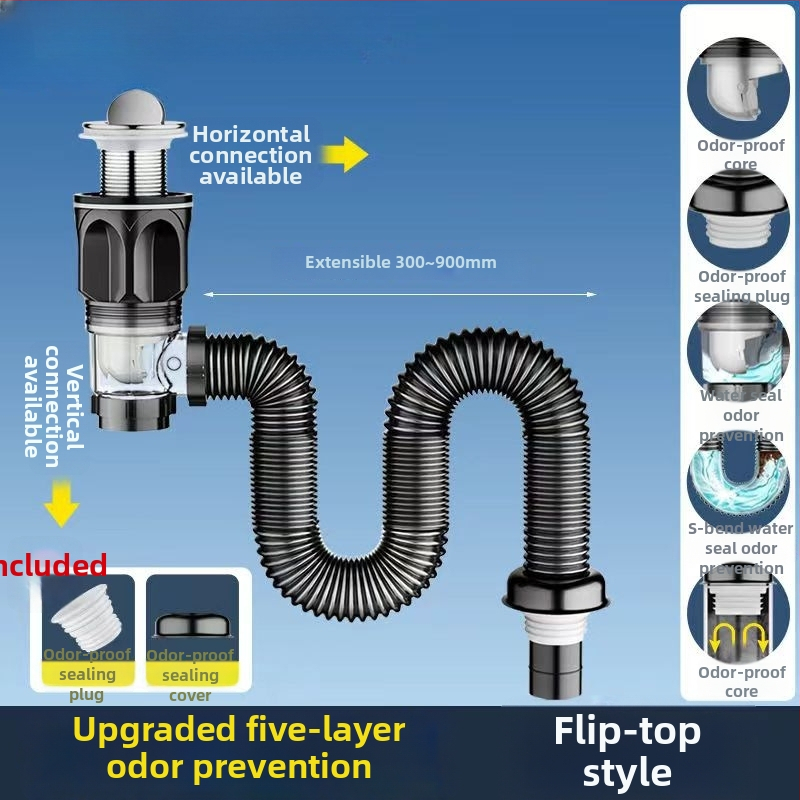 Vannitoa kraanikausi äravoolu komplekt lõhnade vältimiseks, materjal ABS, vorm P-bend, tüüp flip, mudel Brushed horizontal row, bränd Long Whale