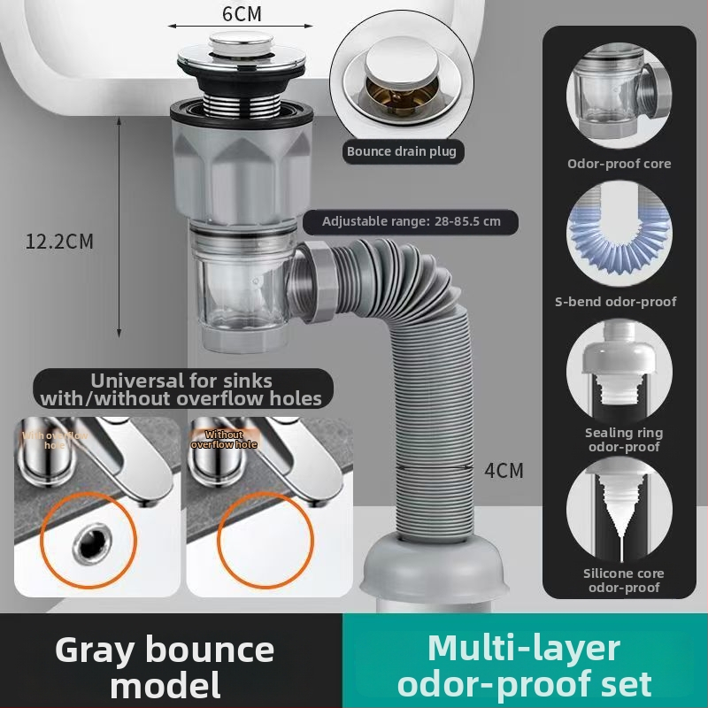 Vannitoa kraanikausi äravoolu komplekt lõhnade vältimiseks, materjal ABS, vorm P-bend, tüüp flip, mudel Brushed horizontal row, bränd Long Whale