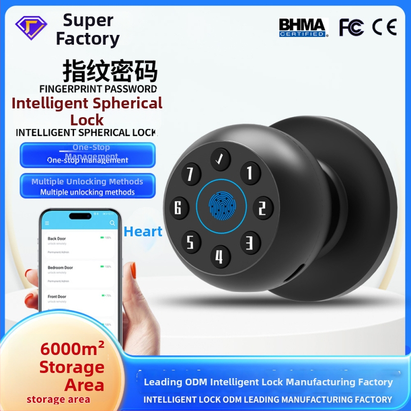 Miegamųjų durų spyna be gręžimo, kamuoliu formos dizainas, prieiga per piršto atspaudą ir slaptažodį, modelis G99 PLUS, 100 įrašytų pirštų atspaudų, tinkama namams, butams, viloms ir biurams