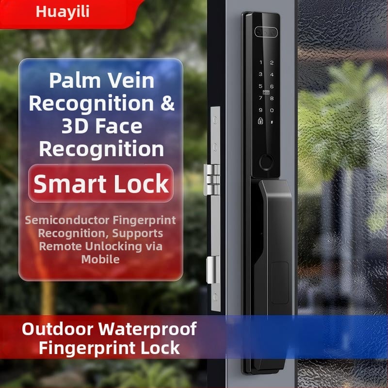 Išmanus užraktas su veido atpažinimu, delno venų atpažinimu ir piršto atspaudo prieiga; aliuminio lydinio korpusas; atsparus vandeniui.