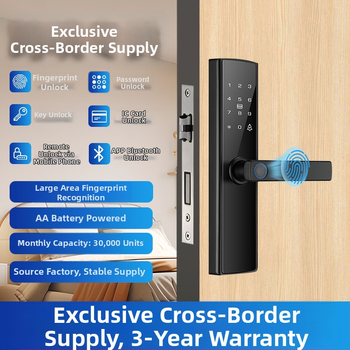 Inteligentná zámka na dvere s odtlačkom prsta a heslom (Model A6-T) — kompatibilné s Tuya/TTLOCK, uloží 100 odtlačkov, >100000 odomknutí, skenovanie 0,001 s, falošne prijatie <0,001, model správy apartmánu