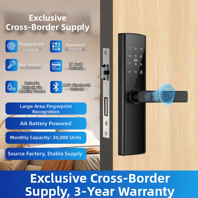 Inteligentná zámka na dvere s odtlačkom prsta a heslom (Model A6-T) — kompatibilné s Tuya/TTLOCK, uloží 100 odtlačkov, >100000 odomknutí, skenovanie 0,001 s, falošne prijatie <0,001, model správy apartmánu