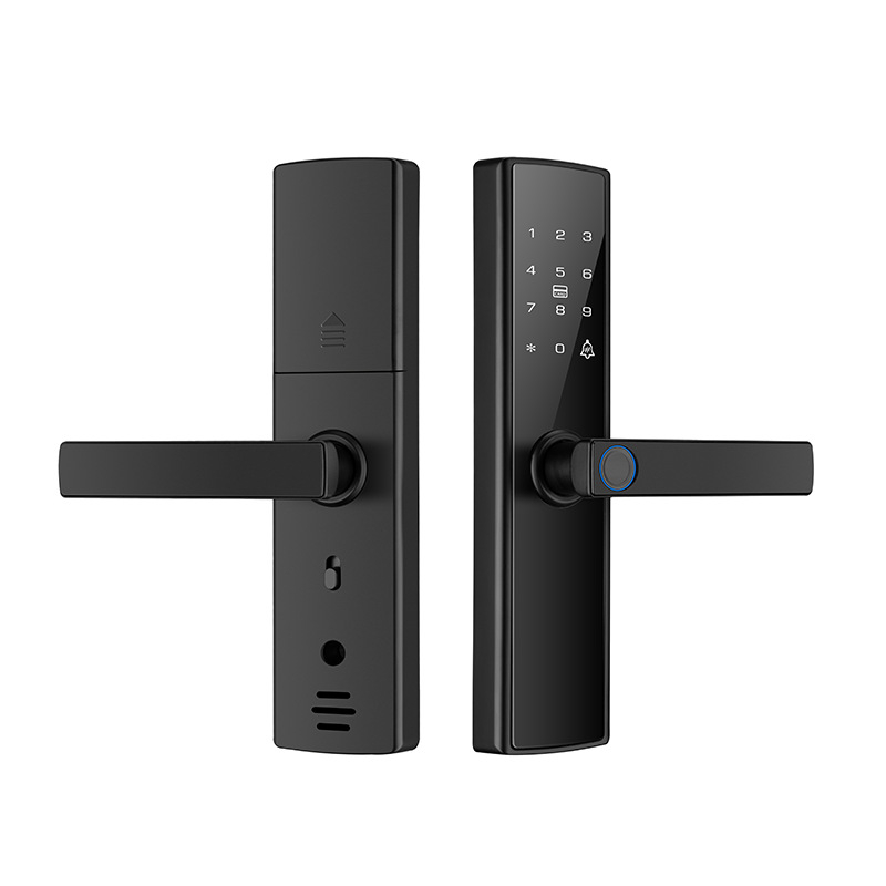 Inteligentná zámka na dvere s odtlačkom prsta a heslom (Model A6-T) — kompatibilné s Tuya/TTLOCK, uloží 100 odtlačkov, >100000 odomknutí, skenovanie 0,001 s, falošne prijatie <0,001, model správy apartmánu