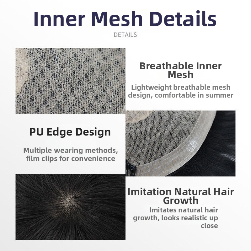 Vyrinė parukos blokas viršutinei galvos daliai, mechaniniu būdu pagamintas, iš žmogaus plaukų, galima garbanoti arba dažyti, dengia plikimą