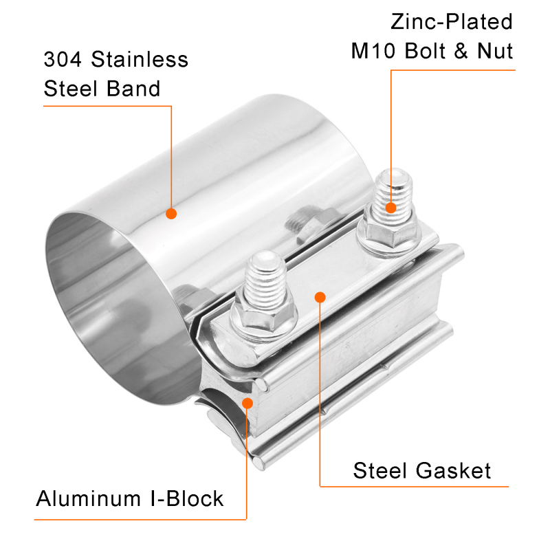 Скоба за изпускателна тръба на автомобил за съединяване на тръби, модел XH-6311; диаметър 57 мм, дължина 76 мм; материал: неръждаема стомана/алуминий/желязо