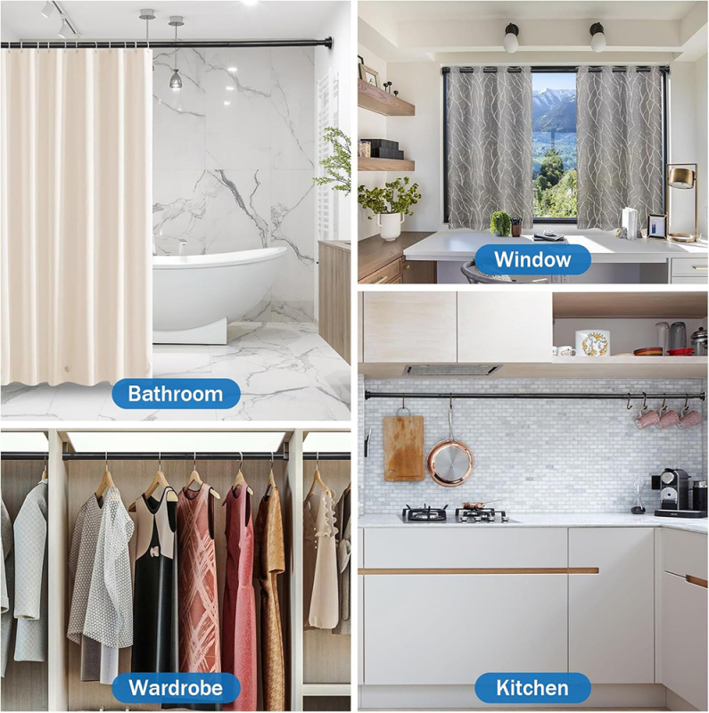 Telescopická tyč z nerezovej ocele do kúpeľne — bez vŕtania, nastaviteľná, na sprchové závesy, dvere a šatník; moderný minimalistický štýl