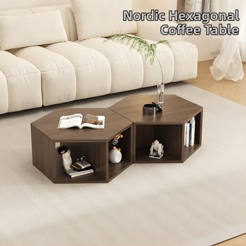 Šešiakampis kavos staliukas su saugyklos erdve, PVC kraštas, 3-in-1 jungtis, suapvalinti kampai