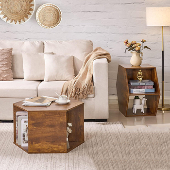 Šešiakampis kavos staliukas su saugyklos erdve, PVC kraštas, 3-in-1 jungtis, suapvalinti kampai