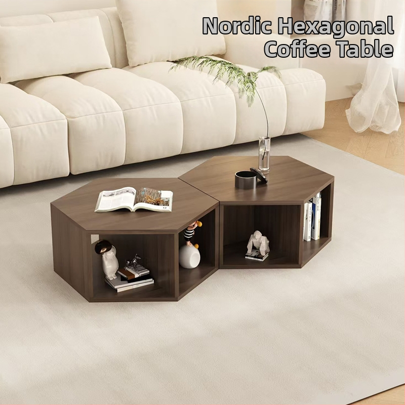 Šešiakampis kavos staliukas su saugyklos erdve, PVC kraštas, 3-in-1 jungtis, suapvalinti kampai