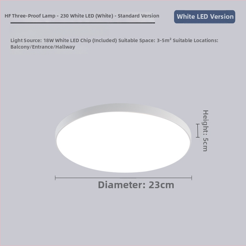 LED lubų šviestuvas su trimis apsaugomis, 220V, 3–5 m² aprėptis, akrilo korpusas su ABS gaubtu, tinka virtuvei ir tualetei