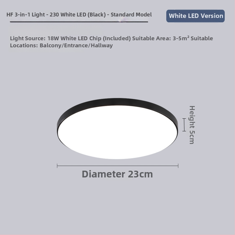 LED lubų šviestuvas su trimis apsaugomis, 220V, 3–5 m² aprėptis, akrilo korpusas su ABS gaubtu, tinka virtuvei ir tualetei