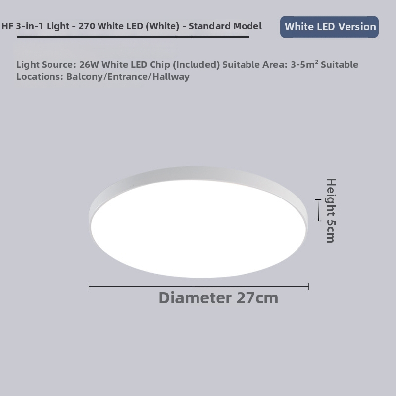 LED lubų šviestuvas su trimis apsaugomis, 220V, 3–5 m² aprėptis, akrilo korpusas su ABS gaubtu, tinka virtuvei ir tualetei