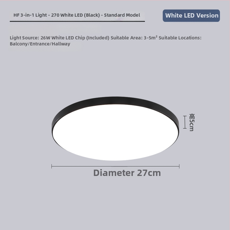 LED lubų šviestuvas su trimis apsaugomis, 220V, 3–5 m² aprėptis, akrilo korpusas su ABS gaubtu, tinka virtuvei ir tualetei