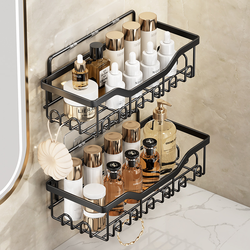 Kúpeľňový nástenný úložný regál – bez vŕtania, päťdielny set, oceľ z uhlíka, povrchová úprava pečenou farbou, nosnosť 5 kg