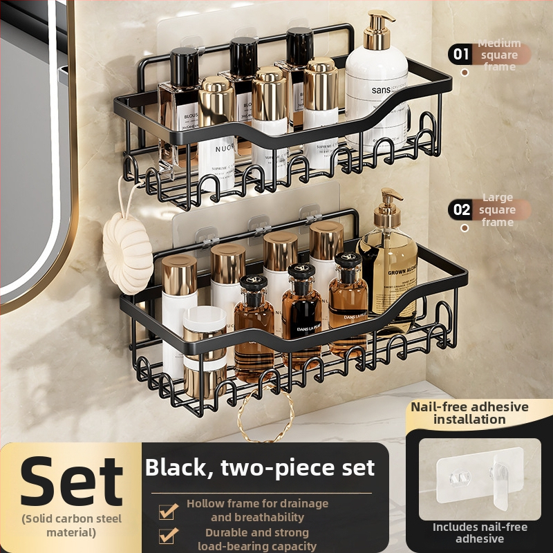 Kúpeľňový nástenný úložný regál – bez vŕtania, päťdielny set, oceľ z uhlíka, povrchová úprava pečenou farbou, nosnosť 5 kg