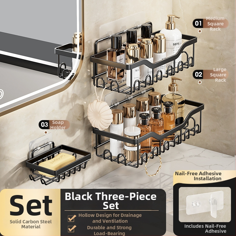 Kúpeľňový nástenný úložný regál – bez vŕtania, päťdielny set, oceľ z uhlíka, povrchová úprava pečenou farbou, nosnosť 5 kg