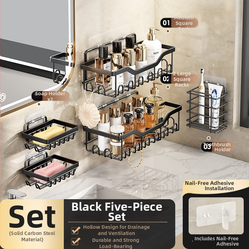 Kúpeľňový nástenný úložný regál – bez vŕtania, päťdielny set, oceľ z uhlíka, povrchová úprava pečenou farbou, nosnosť 5 kg