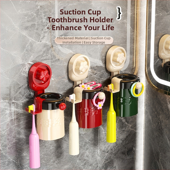 Qiwang Dantų šepetėlio laikiklis su siurbimo puodeliu ir skalavimo puodelių komplektu, sieninis montavimas, plastikas