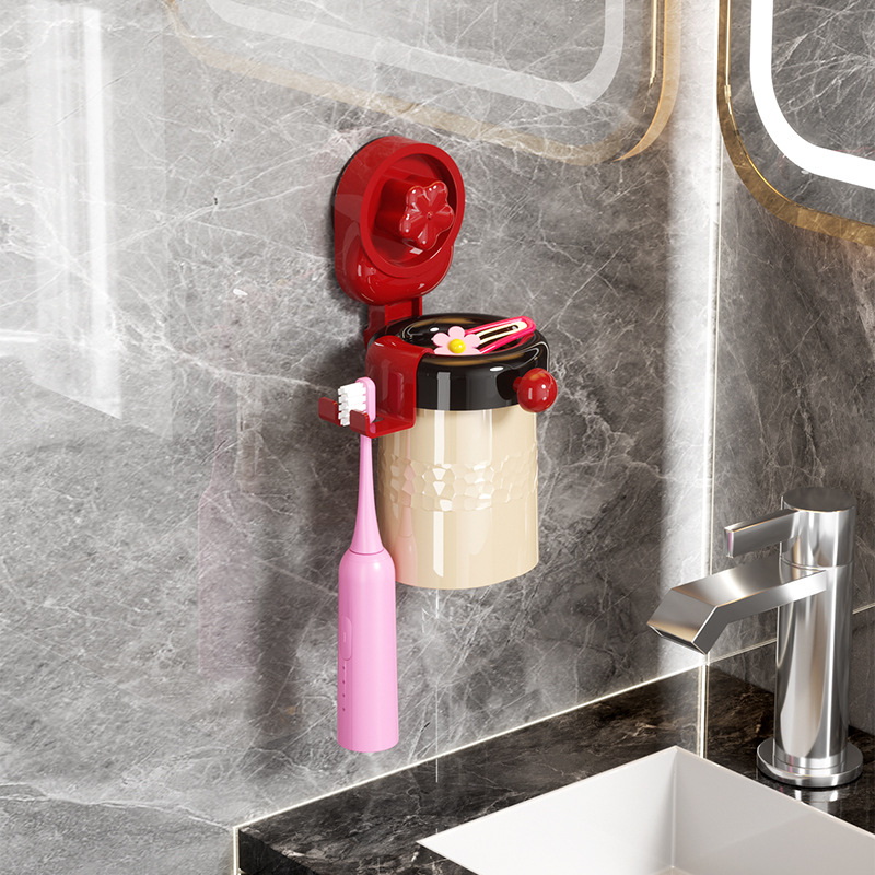 Qiwang Dantų šepetėlio laikiklis su siurbimo puodeliu ir skalavimo puodelių komplektu, sieninis montavimas, plastikas