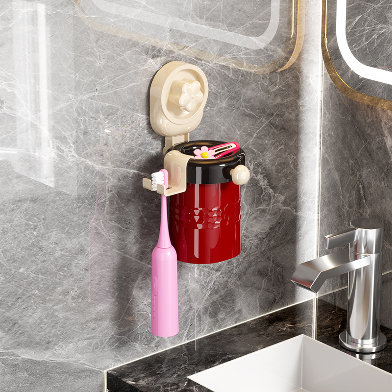 Qiwang Dantų šepetėlio laikiklis su siurbimo puodeliu ir skalavimo puodelių komplektu, sieninis montavimas, plastikas