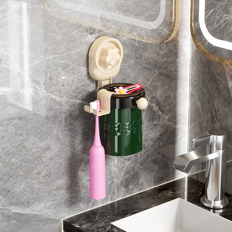 Qiwang Dantų šepetėlio laikiklis su siurbimo puodeliu ir skalavimo puodelių komplektu, sieninis montavimas, plastikas