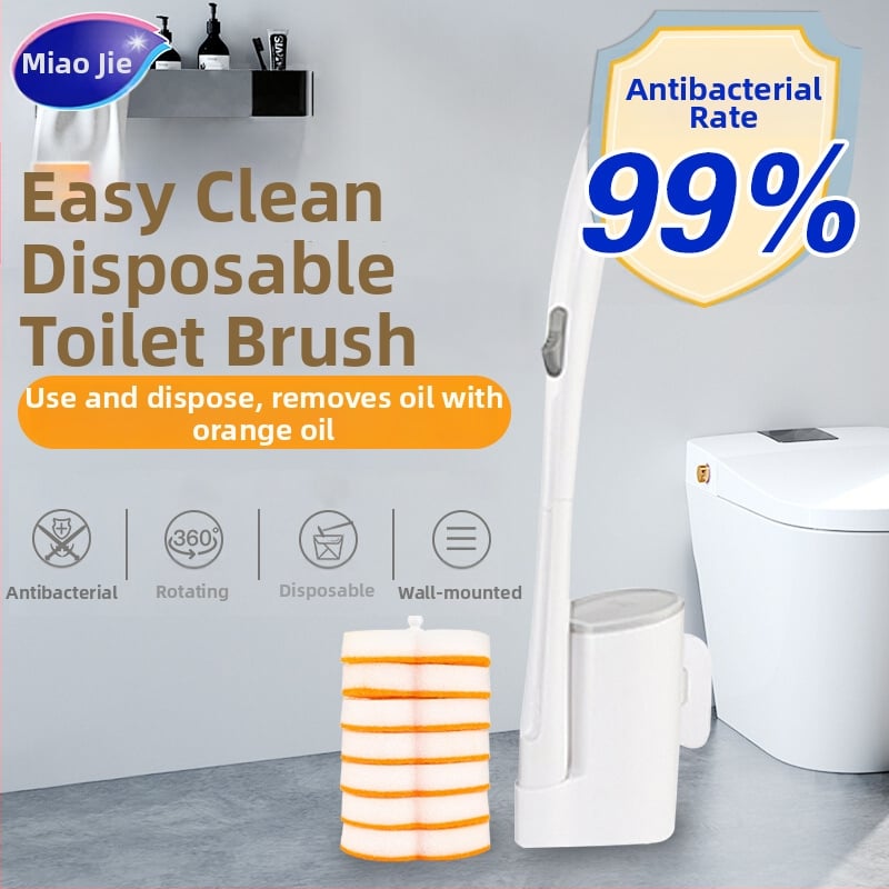 Miaojie Jednorazová sada kefy na toaletu s integrovaným čistiacim prostriedkom, nástenný držiak, so špongou