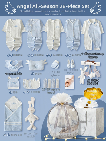 Naujagimių dovanų dėžutė - medvilnės drabužių komplektas kūdikiams su švelniu paviršiaus apdaila, daugiadalis komplektas (0–1 m., iki 80 cm)