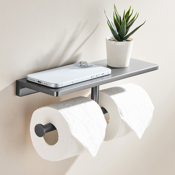 Dvojitý držiak na toaletný papier, Gun Ash povrch, telo z meďe, štvorcový tvar, moderný minimalistický štýl