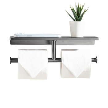 Dvojitý držiak na toaletný papier, Gun Ash povrch, telo z meďe, štvorcový tvar, moderný minimalistický štýl