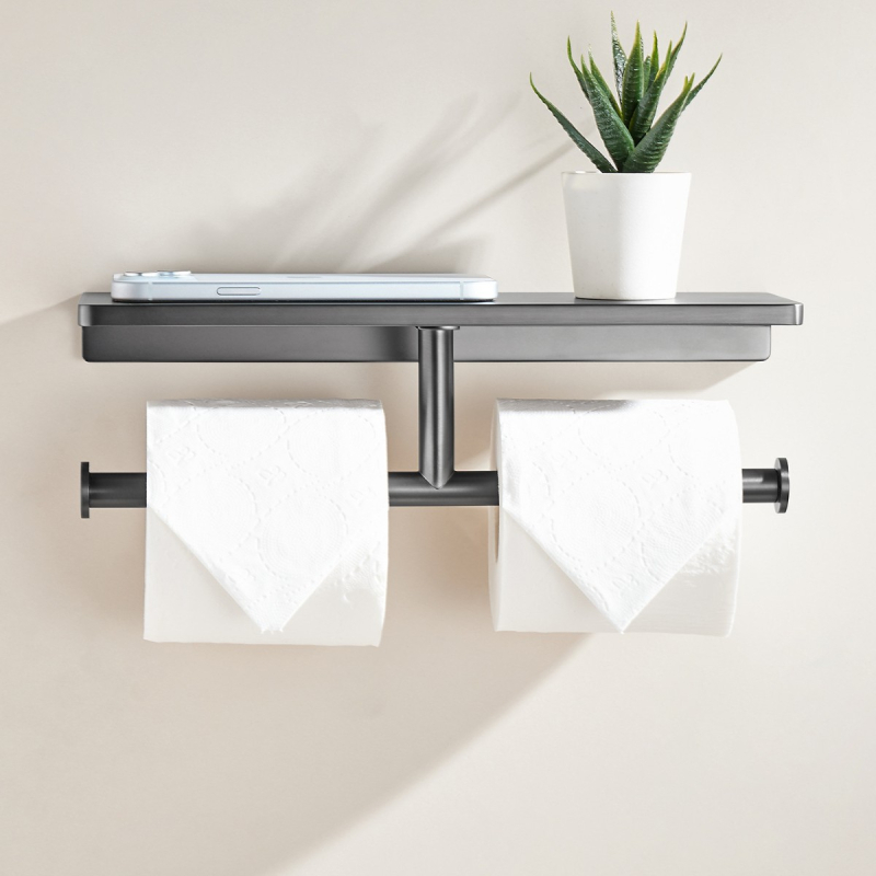 Dvojitý držiak na toaletný papier, Gun Ash povrch, telo z meďe, štvorcový tvar, moderný minimalistický štýl