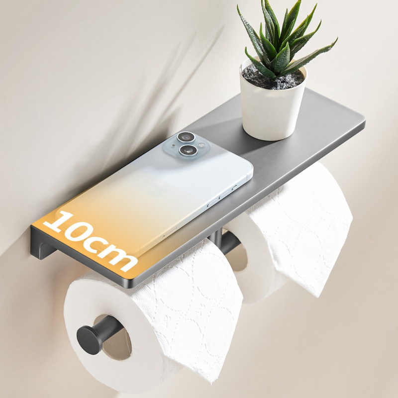 Dvojitý držiak na toaletný papier, Gun Ash povrch, telo z meďe, štvorcový tvar, moderný minimalistický štýl