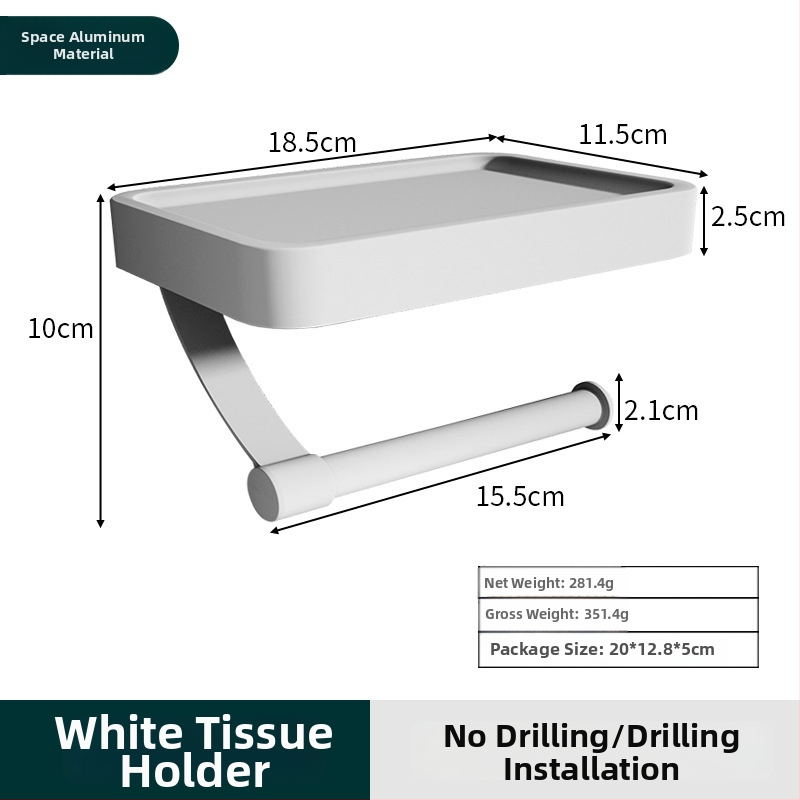 Nástenný hliníkový dvojposchodový držiak na toaletný papier a organizér na telefón, bez vŕtania, kúpeľňový regál