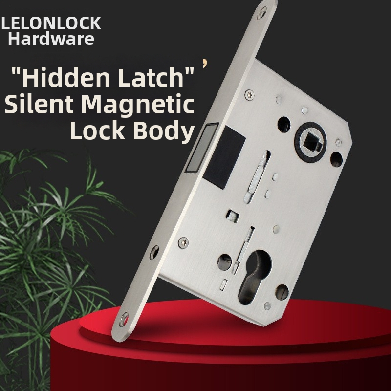 Korpus zámku z nehrdzavejúcej ocele, model RML-35, neviditeľná magnetická jazýček, rozstup otvorov 55×72 mm, vhodný pre drevené dvere