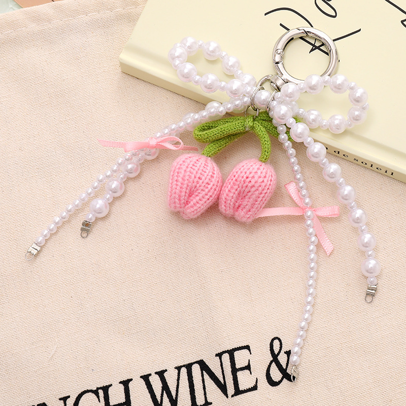 Rankų darbo karoliukų vilnonė megzta tulpių formos krepšio pakabukas, raktų pakabukas ir telefono grandinė, gėlių raštas, vasara 2025