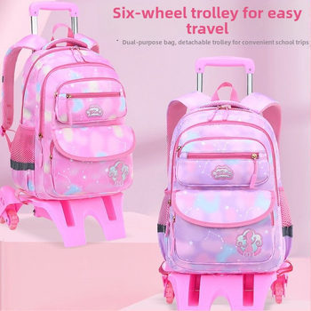 Pradinės mokyklos ratinė kuprinė su šešiais ratukais, nuimamas dizainas, nailonas, stuburo apsauga