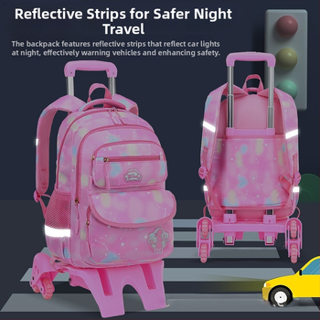 Pradinės mokyklos ratinė kuprinė su šešiais ratukais, nuimamas dizainas, nailonas, stuburo apsauga