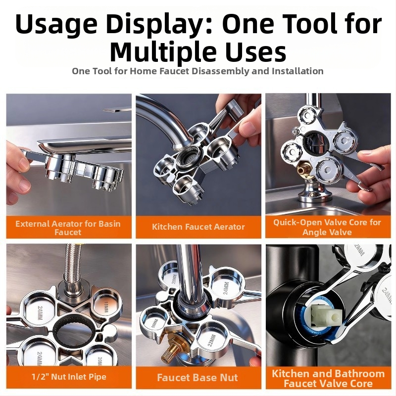 Daudzfunkcionāla krāna aeratora atslēga demontāžai, ventila kodola uzstādīšanai un remontam (lējums, mūsdienīgs minimālisma stils)