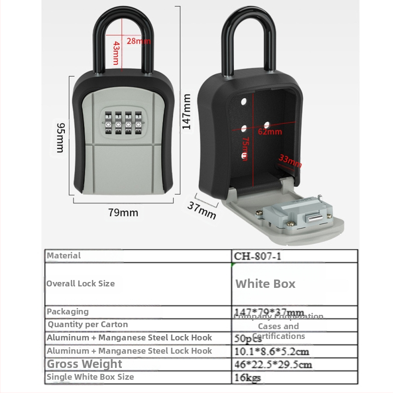 Box na heslá s hákom, hliníková zliatina, model CH-807-L, mechanické zámky, hrúbka tyče 9 mm, vzdialenosť tyčí 28 mm