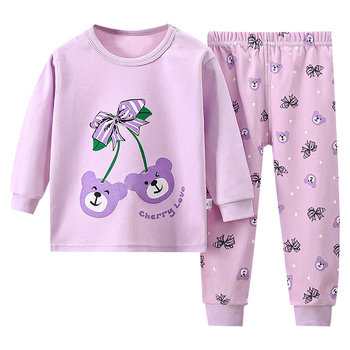 Детски памучен пижамен комплект, унисекс, горнище с кръгло деколте и долнище, топло спално облекло за деца 3–8 години