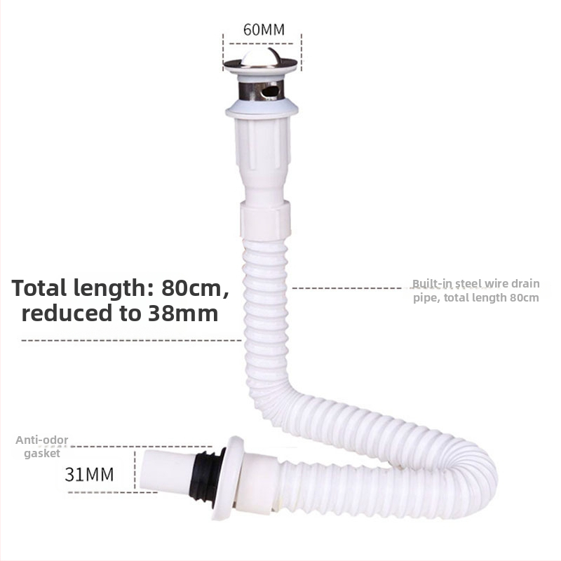 Дренажен маркуч за мивка – Danle модел 424, от неръждаема стомана и пластмаса, тип издърпване, разтегателен, двуглавен вход за вода