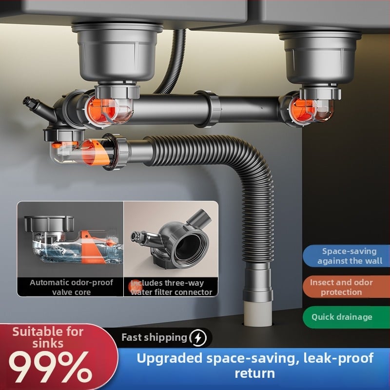 Dvojslotový odtok drezu, proti zápachu, z 304 nehrdzavejúcej ocele, model: Anti-odor artifact double-slot drain, hmotnosť cca 800 g