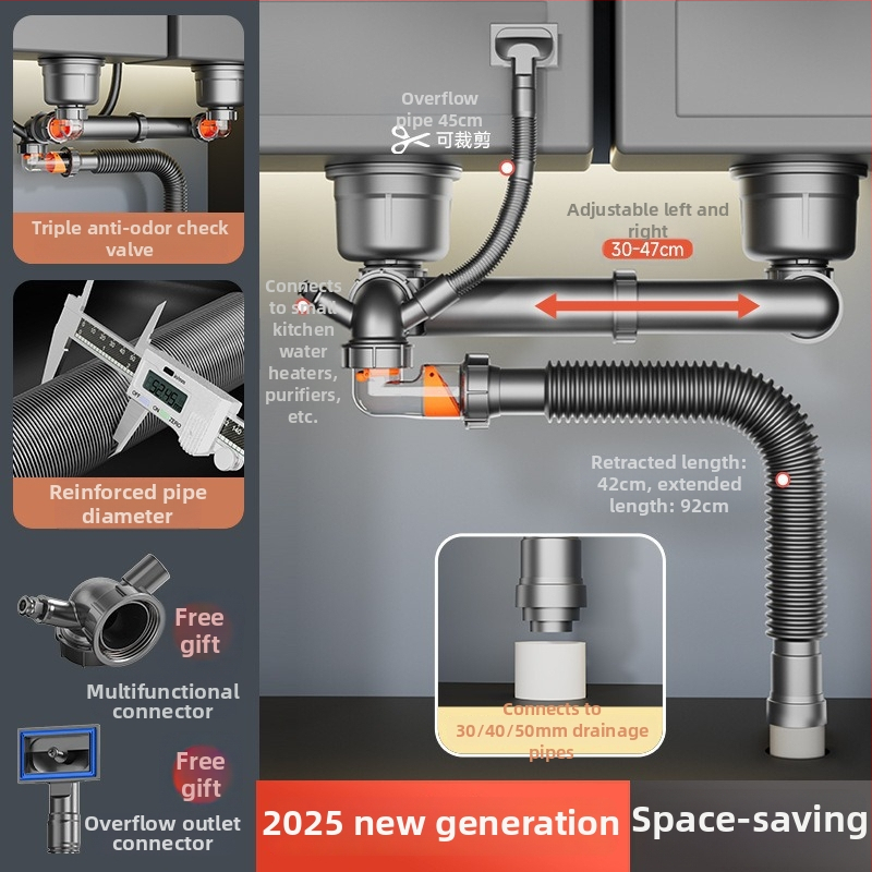 Dvojslotový odtok drezu, proti zápachu, z 304 nehrdzavejúcej ocele, model: Anti-odor artifact double-slot drain, hmotnosť cca 800 g